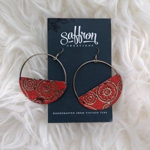 Saffron Creations Vintage Tin Handmade Red Silver Circle Earrings